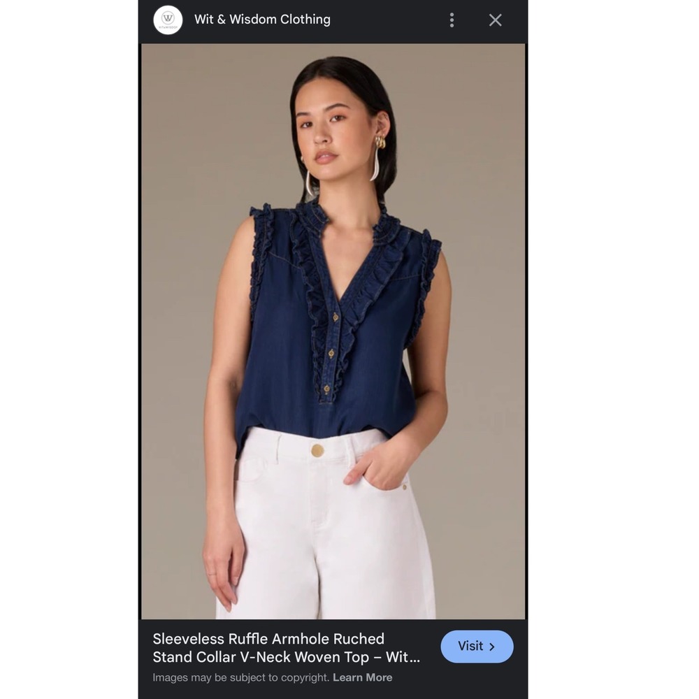 Wit & Wisdom‎ Women's XS Sleeveless Ruffle Denim Top V Neck Blouse - Current